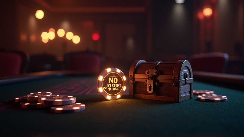 Petit bonus sans dépôt avec jetons lumineux et coffre fermé dans un casino sombre