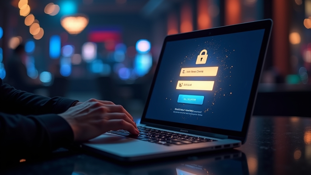 Joueur devant un écran de connexion sécurisé dans une salle de casino sombre