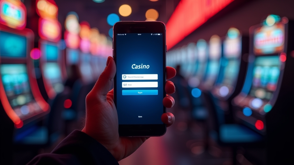 Main tenant un smartphone avec une connexion au casino visible sur l'écran