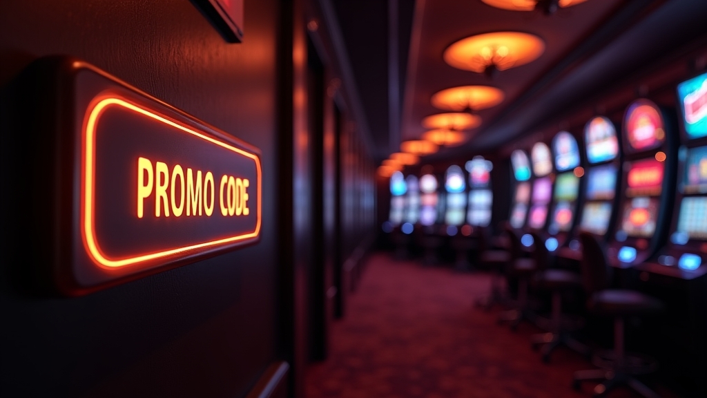 Couloir de casino sombre avec code promo lumineux et machines à sous en arrière-plan