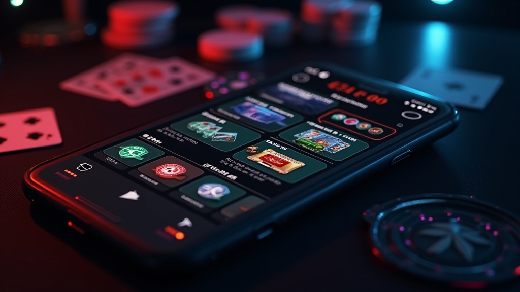 Interface mobile casino affichée sur smartphone dans un décor sombre