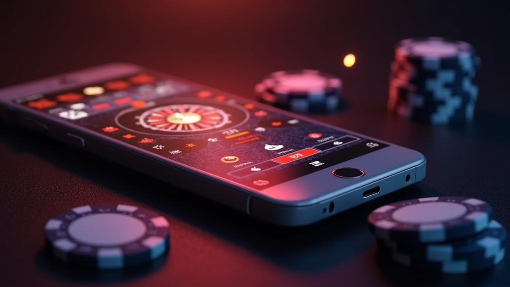 Smartphone montrant un téléchargement d’application casino sur fond de casino sombre