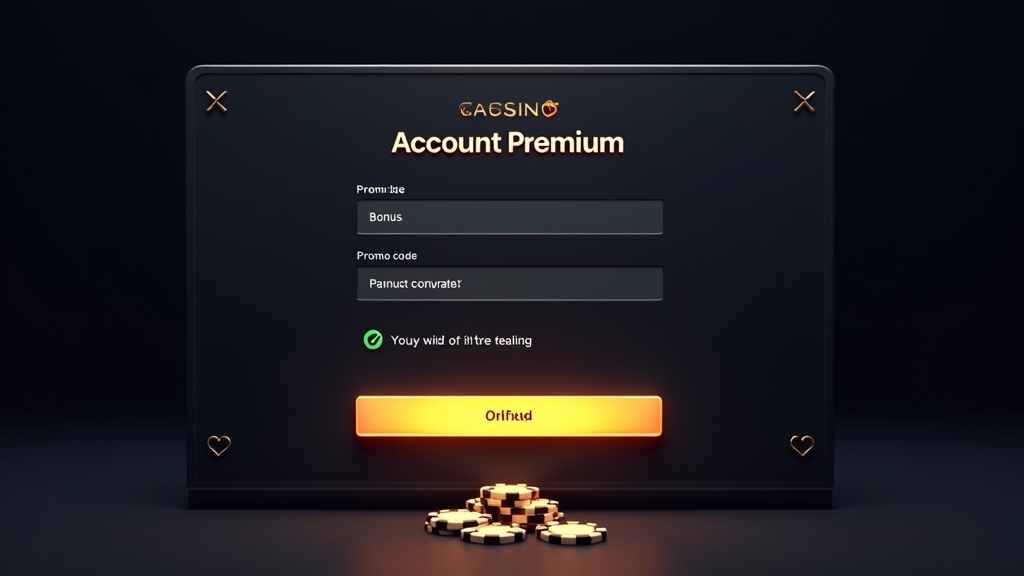 Interface de compte casino avec champ de code bonus et bouton d’activation lumineux